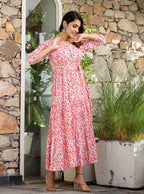 Kaajh Women's Orange Ethnic Floral Hand Block Print Cotton Dress | Grocsy