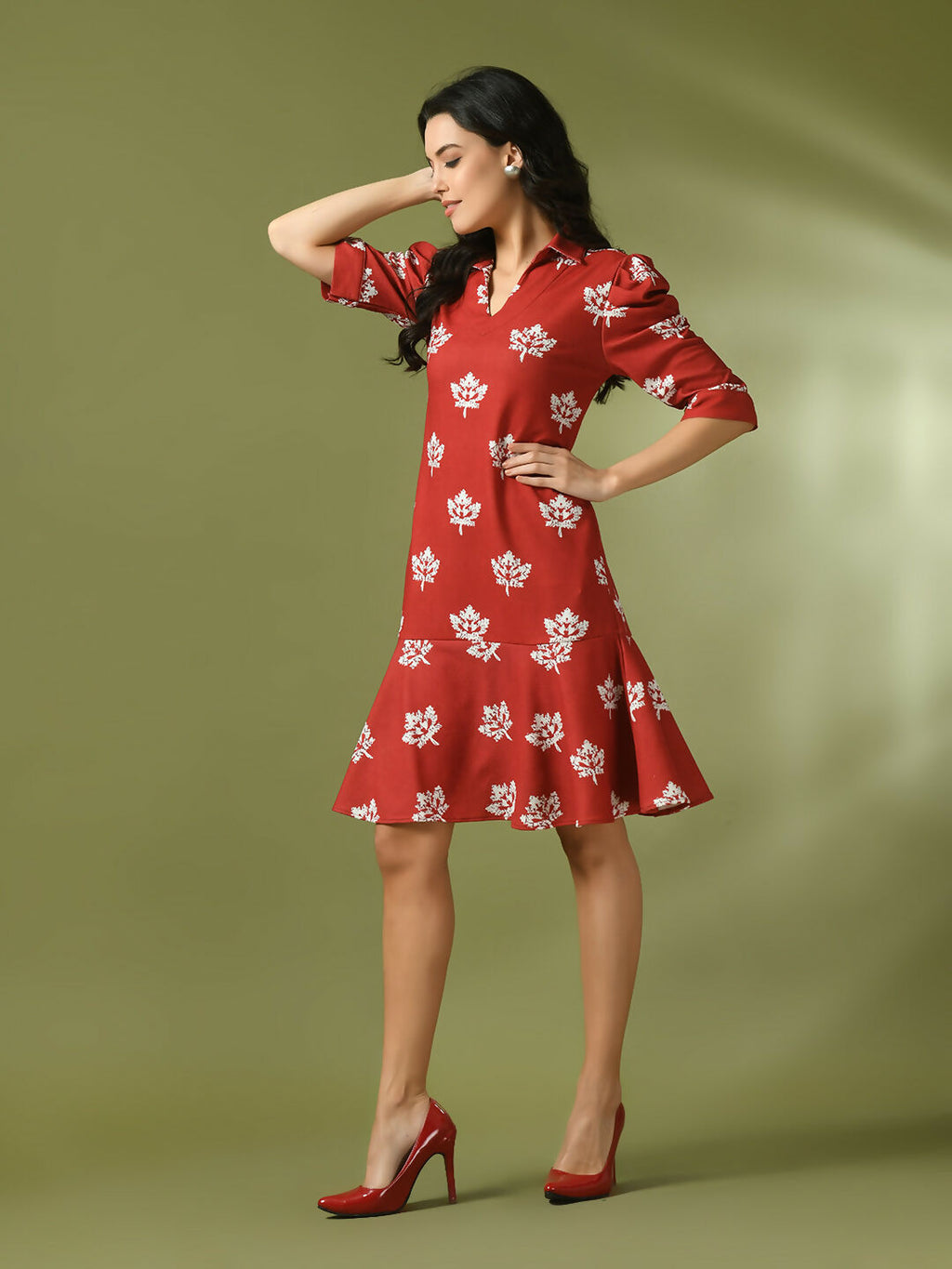 Myshka Women's Rust Printed Shirt Collar Fit and Flare Party Dress | Grocsy