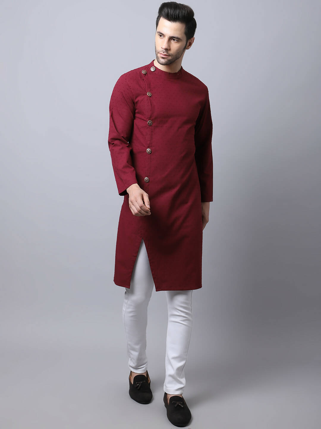 Even Apparels Maroon Pure Cotton Sherwani Men's Kurta With Asymetrical Cut | Grocsy