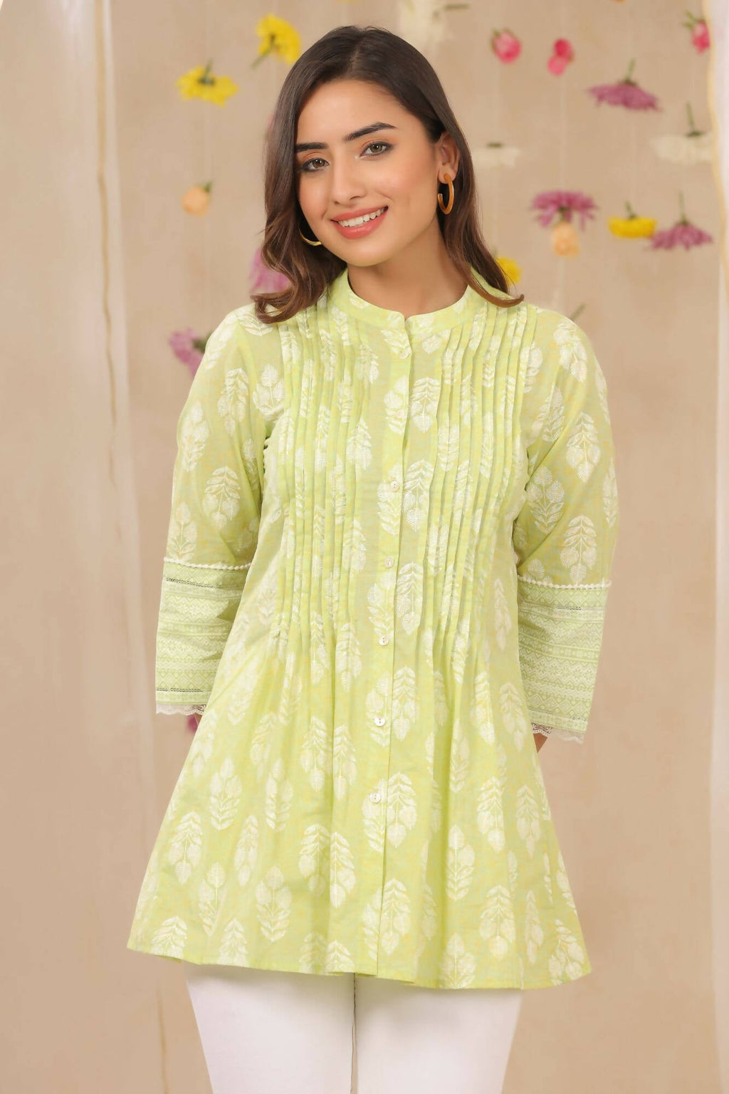 Juniper Women Limegreen Cambric Printed A-Line Tunic | Grocsy