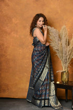Very Much Indian Modal Silk Ajrakh Handblock Printed Natural Dyes With Designer Border Saree - Black | Grocsy