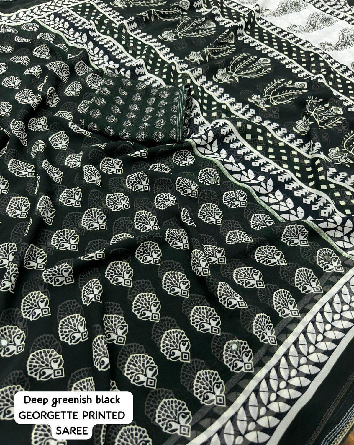 Black Poly Georgette Ajrak Saree with Unstitched Blouse - Hiral Fashion | Grocsy