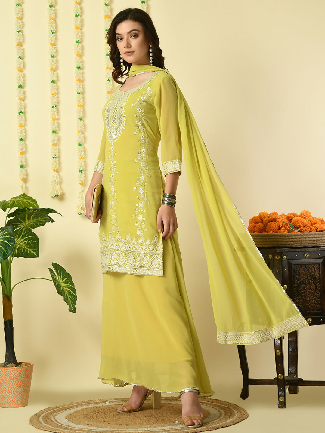 Myshka Women's Yellow Georgette Kurta & Skirt With Dupatta Party Sets | Grocsy