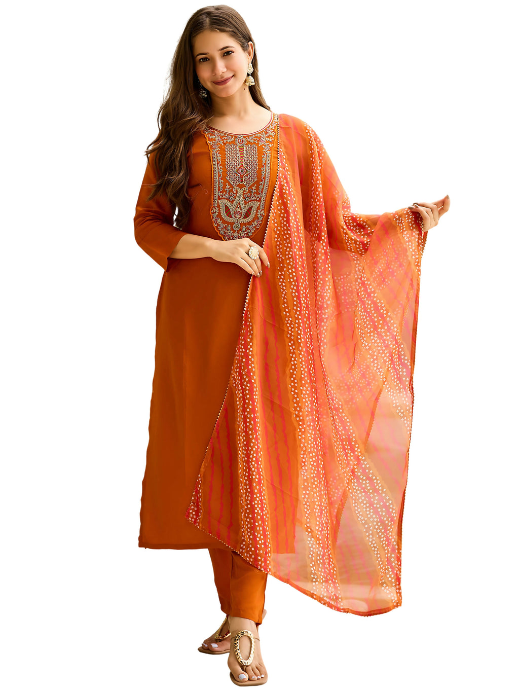 The52 Rust Women's Gorgeous Embroidered work Rayon Fabric Straight Kurta, Pant and Dupatta Set | Grocsy