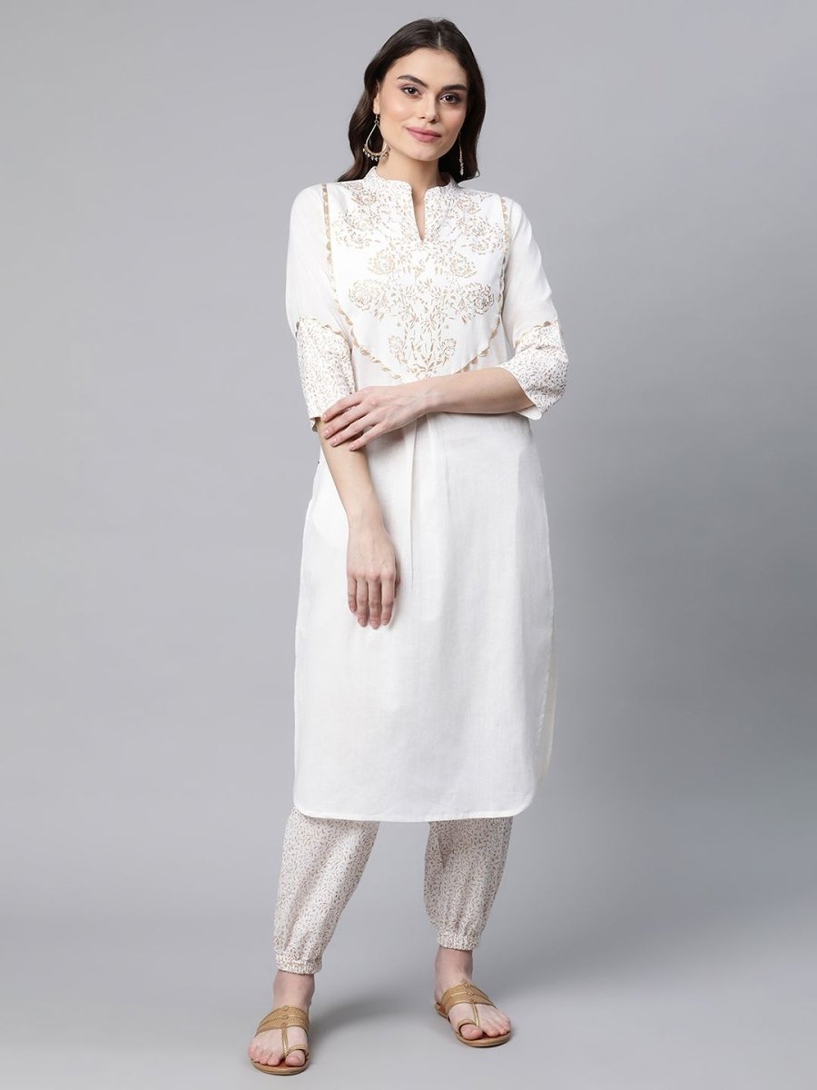 Ahalyaa Women Offwhite Pure Cotton Printed Kurta With Trousers | Grocsy