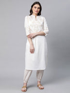 Ahalyaa Women Offwhite Pure Cotton Printed Kurta With Trousers | Grocsy