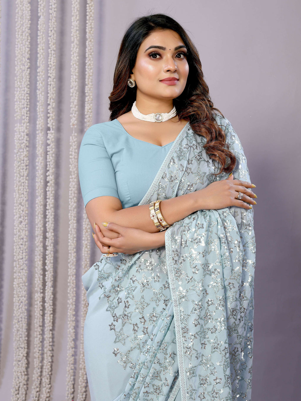 Sky Blue Pure Georgette Embroidered Saree With Stitched Blouse - Nimaya Kaksha | Grocsy