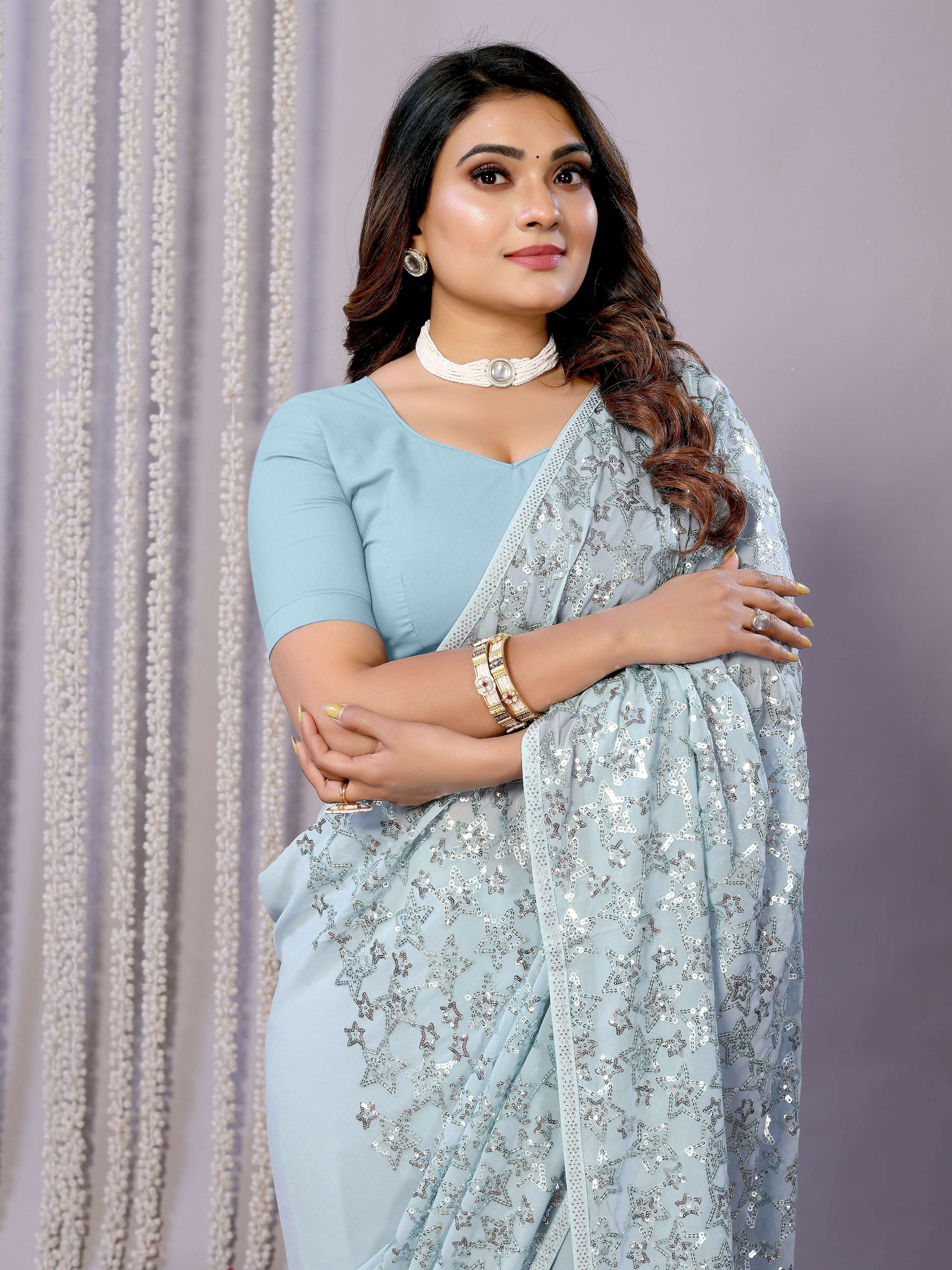 Sky Blue Pure Georgette Embroidered Saree With Stitched Blouse - Nimaya Kaksha | Grocsy
