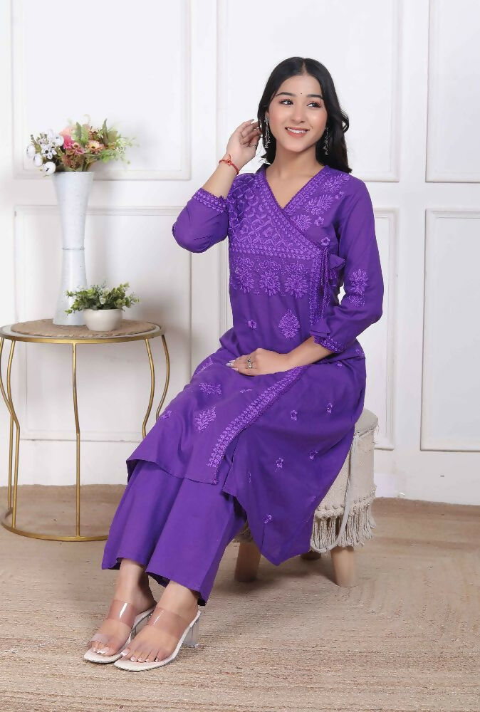 Miravan Womens Purple Floral Printed Angrakha Style Kurta With Palazzo | Grocsy