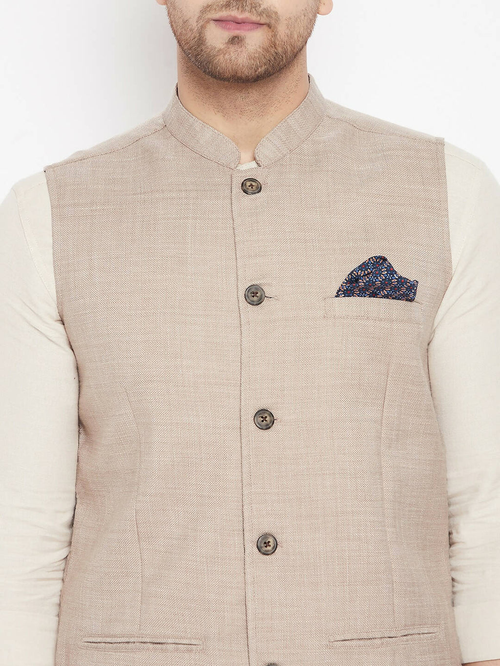 Even Apparels Cream Linen Men's Nehru Jacket-Contrast Lining-Inbuilt Pocket Square | Grocsy