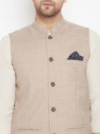 Even Apparels Cream Linen Men's Nehru Jacket-Contrast Lining-Inbuilt Pocket Square | Grocsy