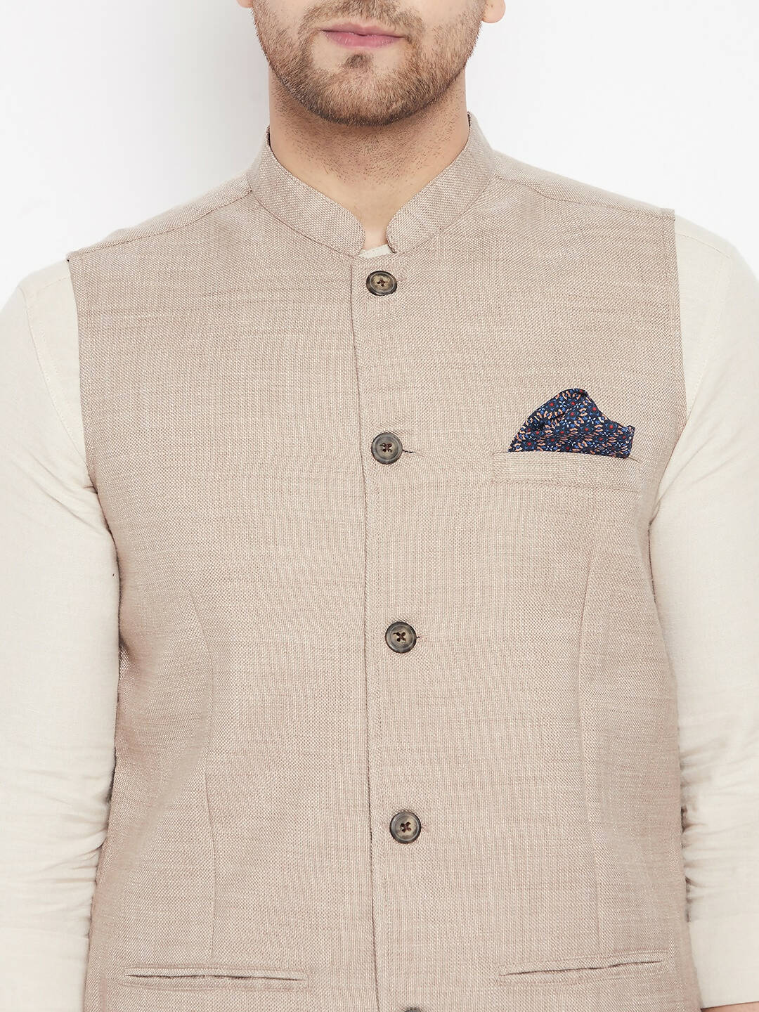 Even Apparels Cream Linen Men's Nehru Jacket-Contrast Lining-Inbuilt Pocket Square | Grocsy