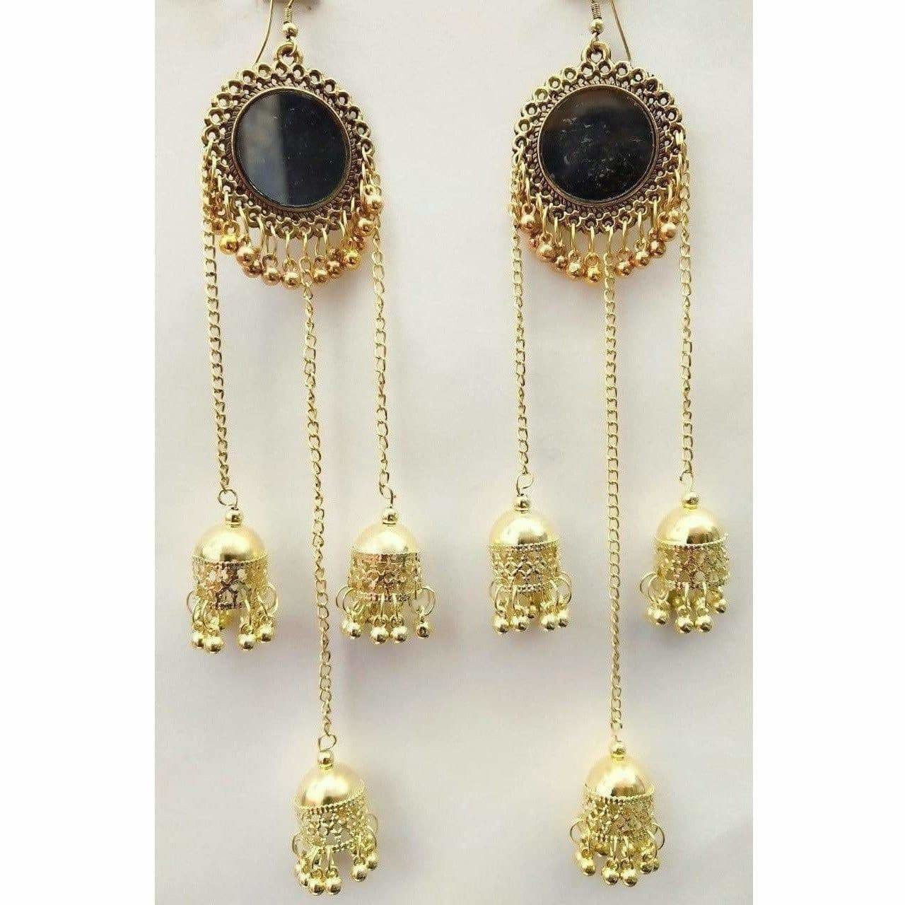 MS Fashion India Gold-Polished Oxidized Mirror Long Hanging Jhumkas Earrings | Grocsy