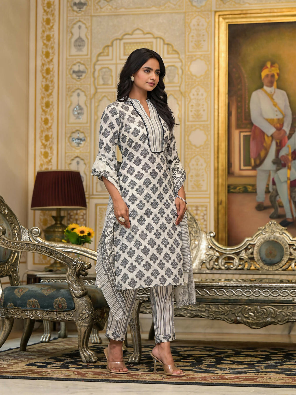 Juniper Women's White Floral Printed Cotton Kurta Pant With Dupatta Set With Lace | Grocsy