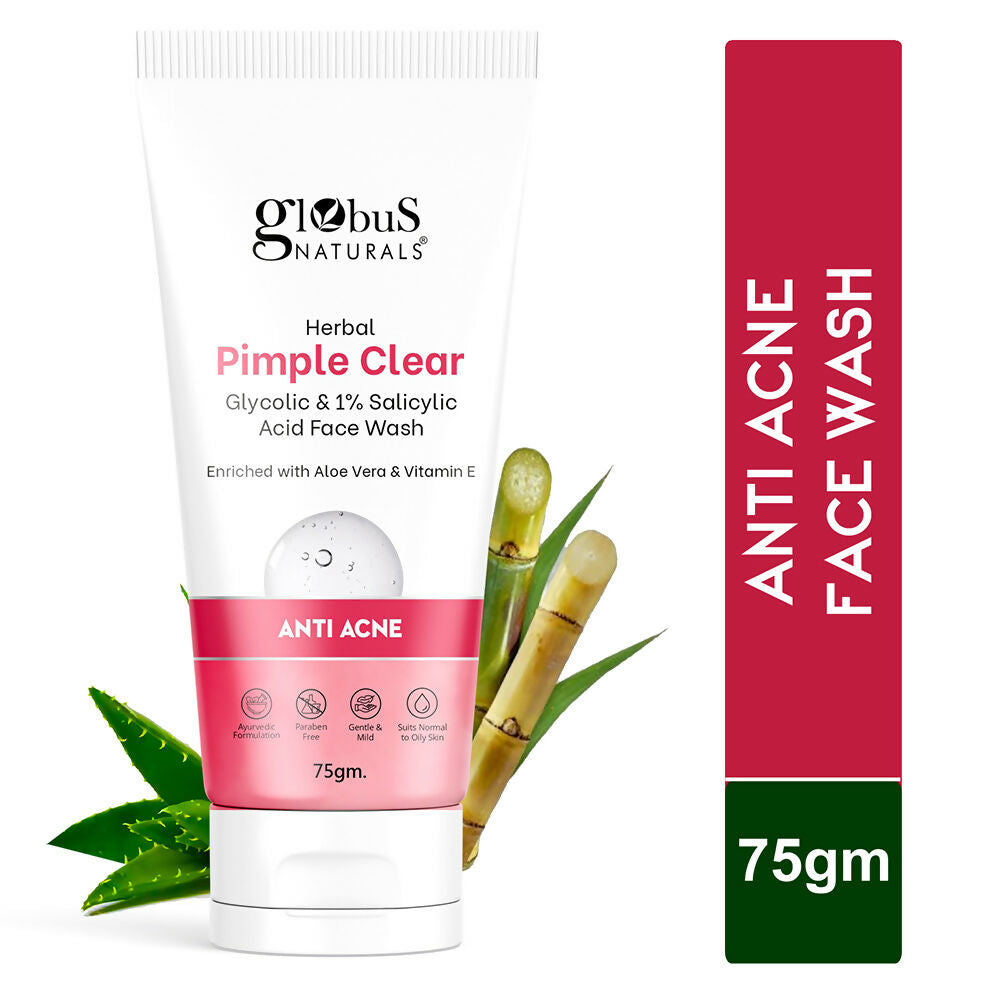 Globus Naturals Herbal Pimple Clear Glycolic & 1% Salicylic Acid Face Wash | Grocsy