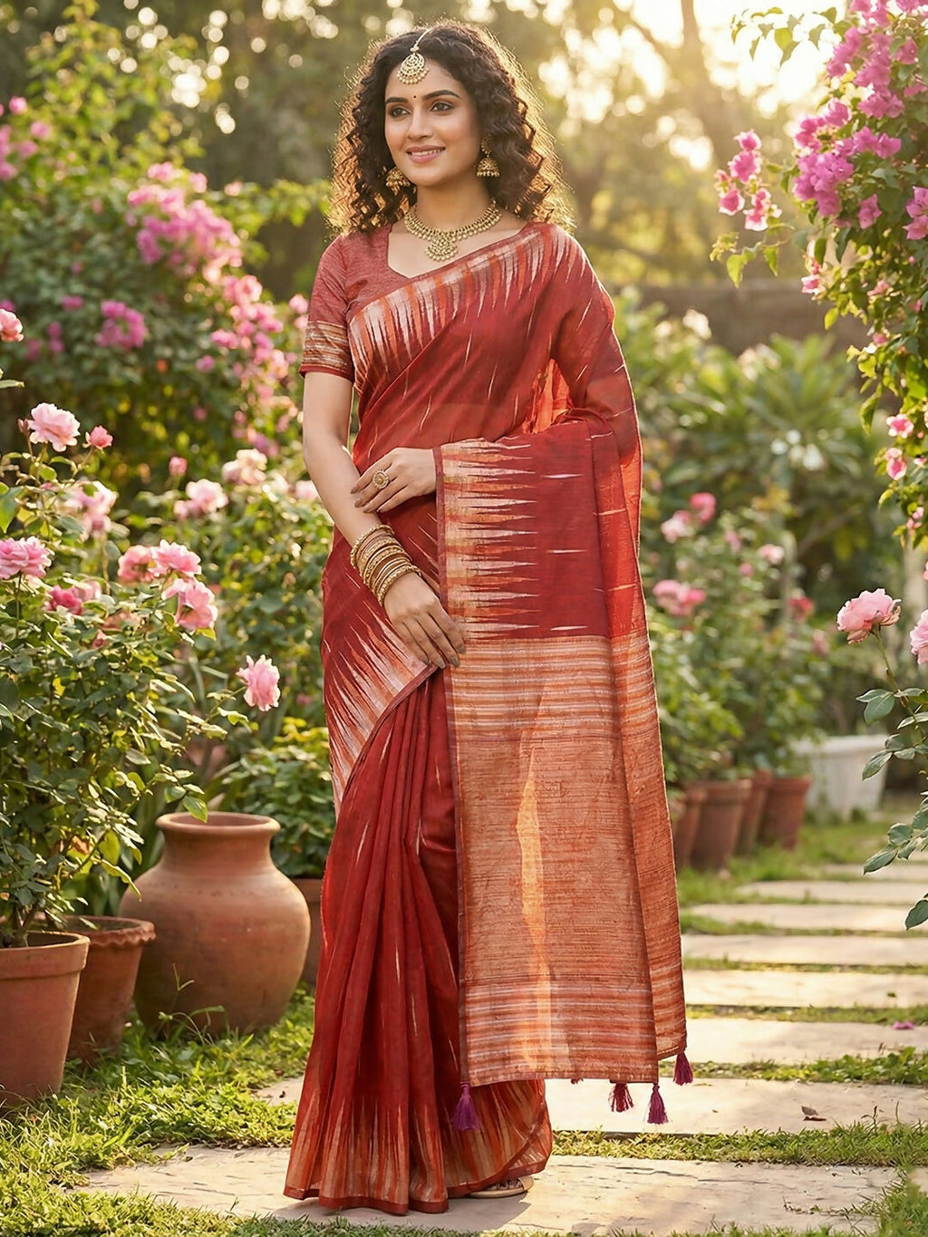 Shree Shyam Fashion Red Linen Cotton Saree | Grocsy