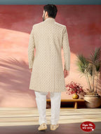 Joban Fashion Men's Beige Straight Swed Velvet Thread And Sequence Embroidary All Over Indo-Western Kurta Set | Grocsy