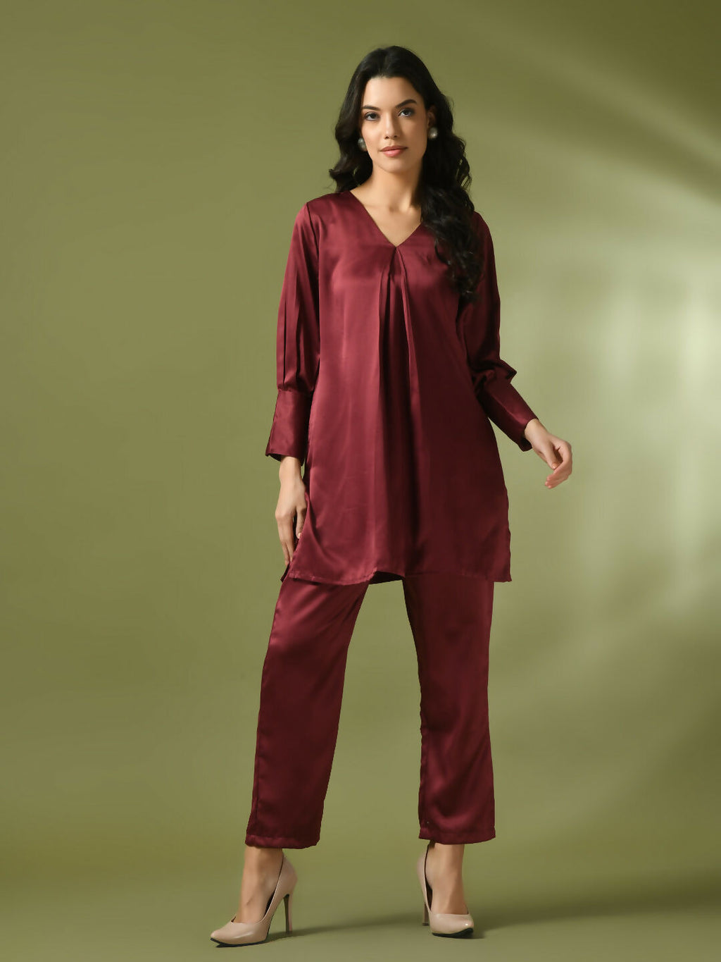 Myshka Women's Maroon Solid Satin V-Neck Party Tunic With Trousers Co-ord set | Grocsy