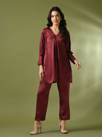 Myshka Women's Maroon Solid Satin V-Neck Party Tunic With Trousers Co-ord set | Grocsy
