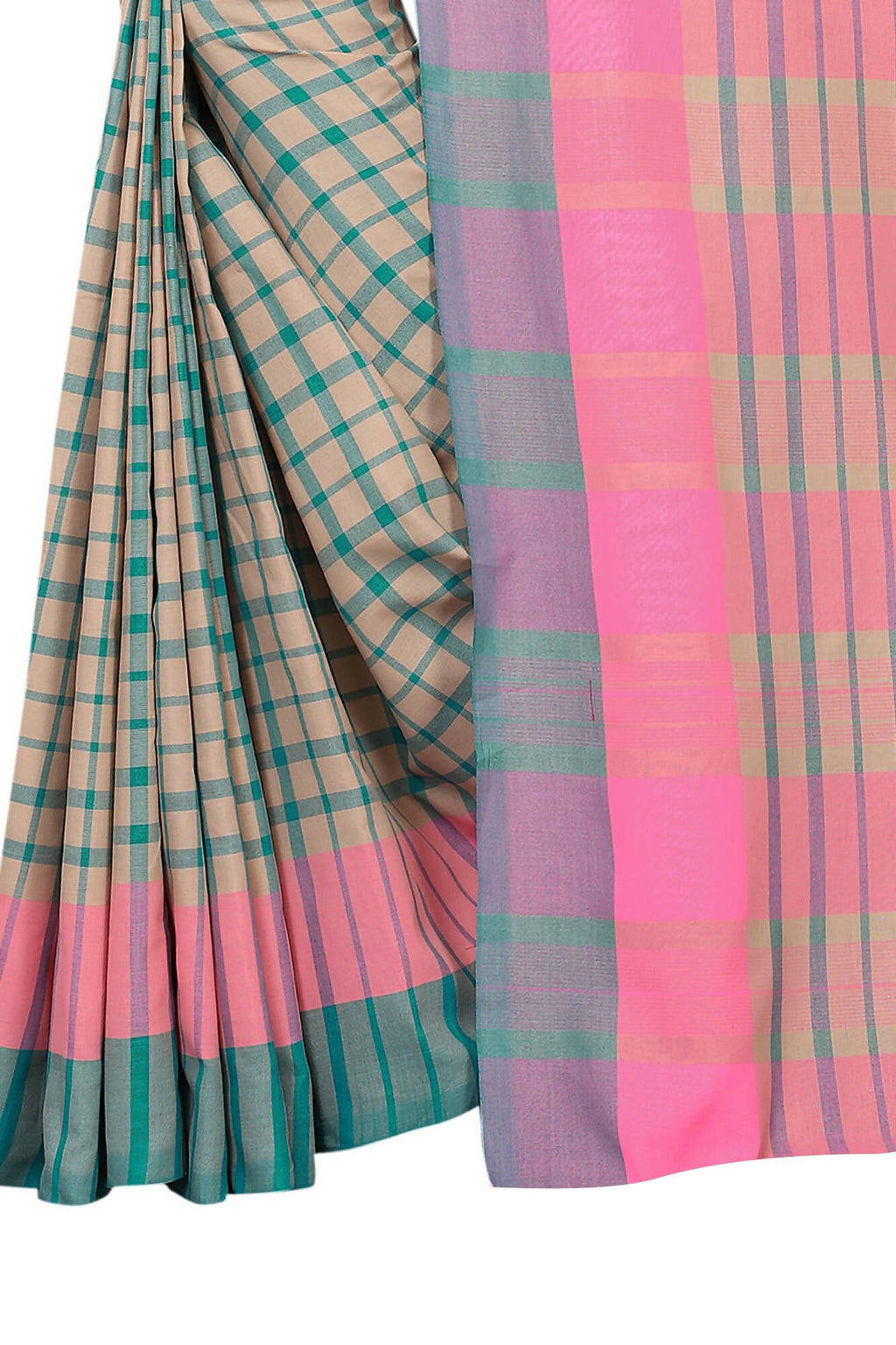 Vamika Cream Cotton Silk Weaving Saree (Terra Checks Rama) | Grocsy