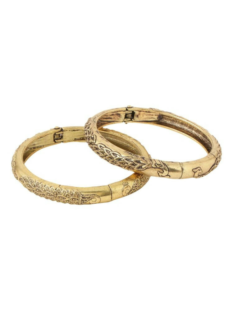 NVR Women Set of 2 Gold-Polished Leaf Design Oxidised Bangles