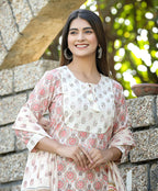 Kaajh Women's White Cotton Mirror Work Kurta Pant Set With Dupatta | Grocsy