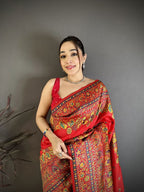 Elora Red Pashmina Silk Meenakari Weaving Madhubani Design Kashmiri Saree | Grocsy