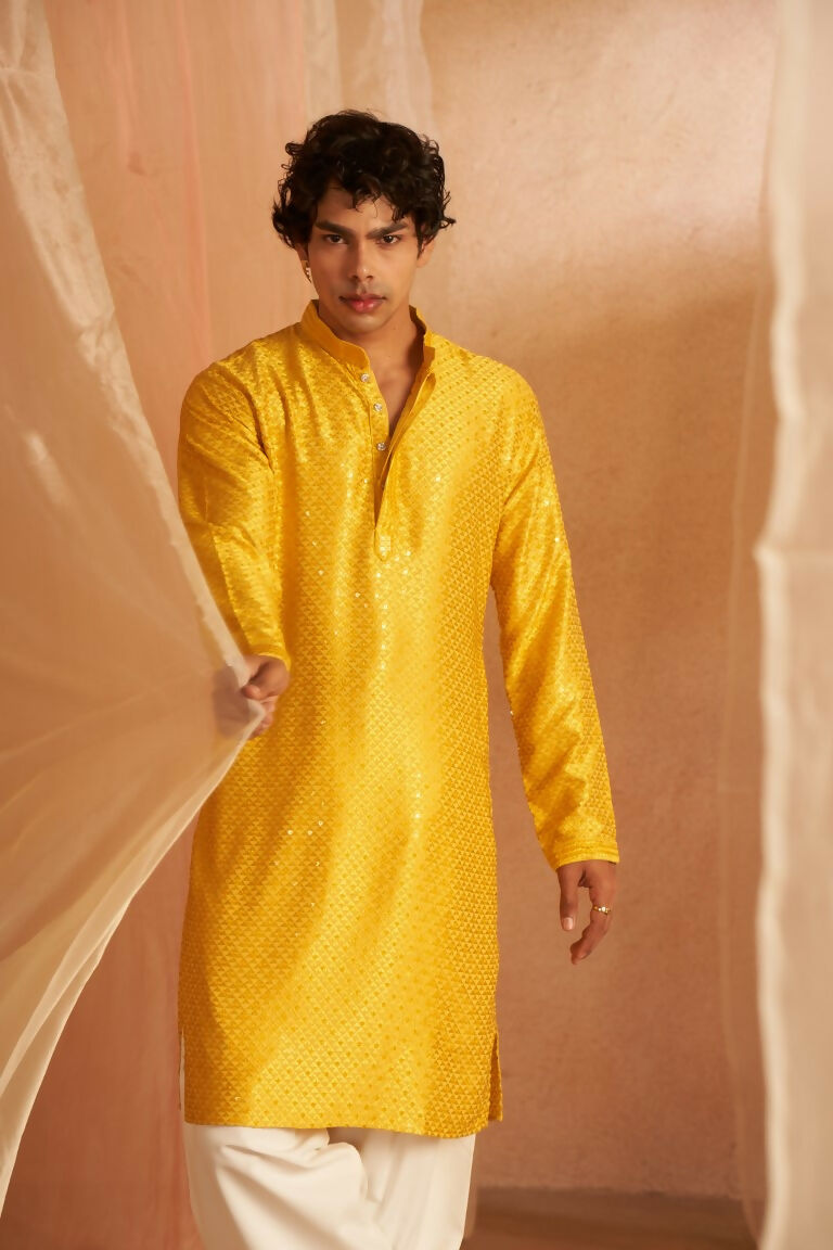 Yellow Viscose Chikankari Embroidery Work Men's Traditional Kurta Set - Mahotsav | Grocsy