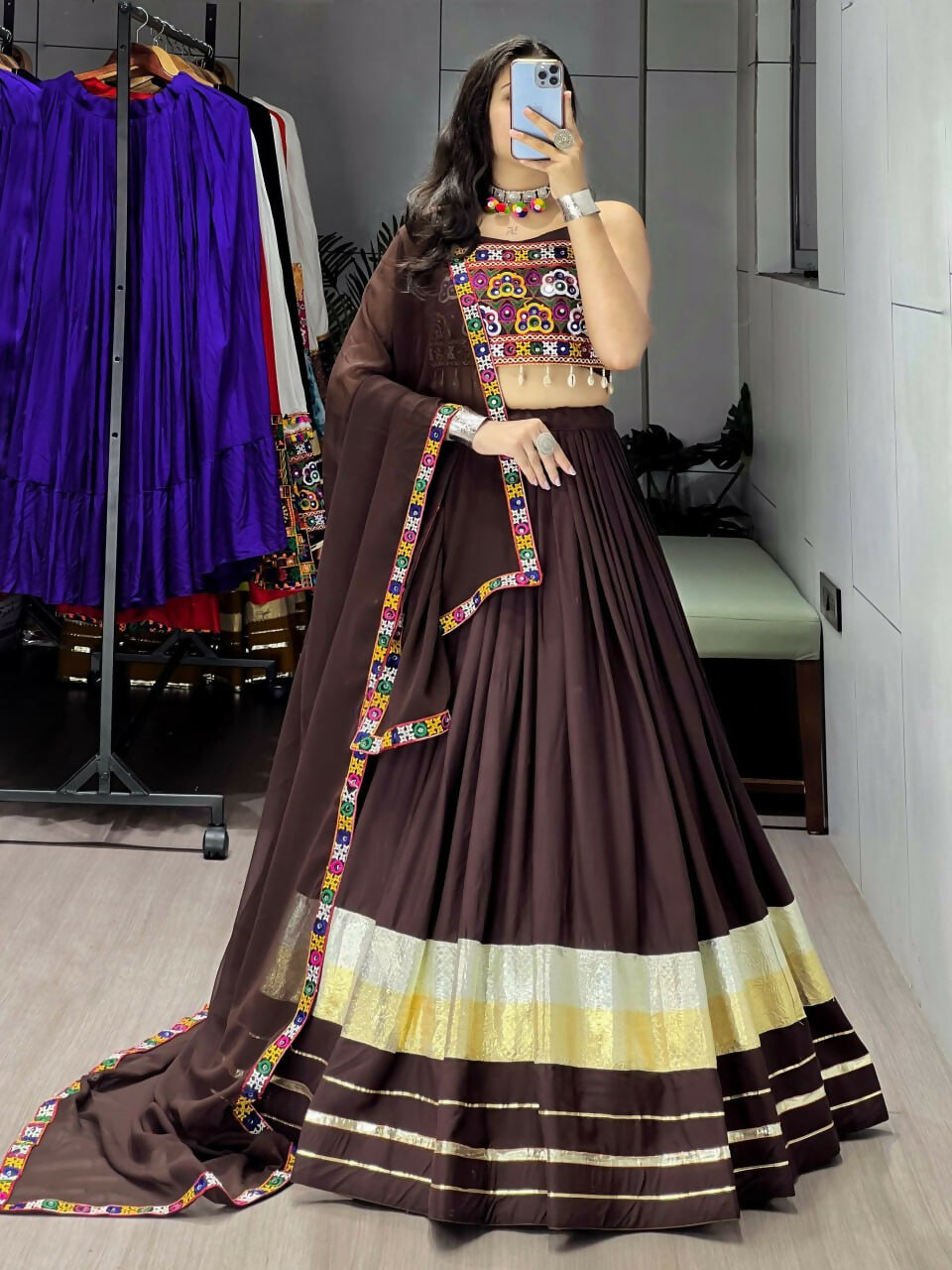 Yash Enterprise Brawn Rayon Cotton Embroidery Semi Stitched Navratri Top Chaniya Choli | Grocsy