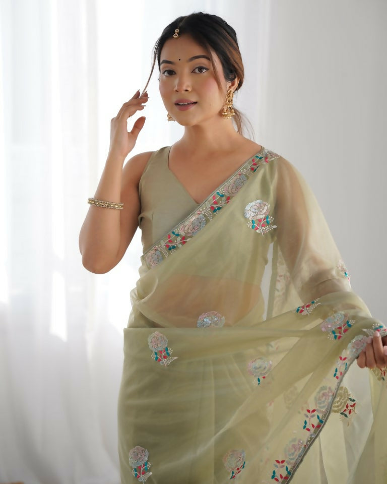 Pista Gold Twill Net Multy Thread, Sequance Embroidery Work Saree - Kriti | Grocsy