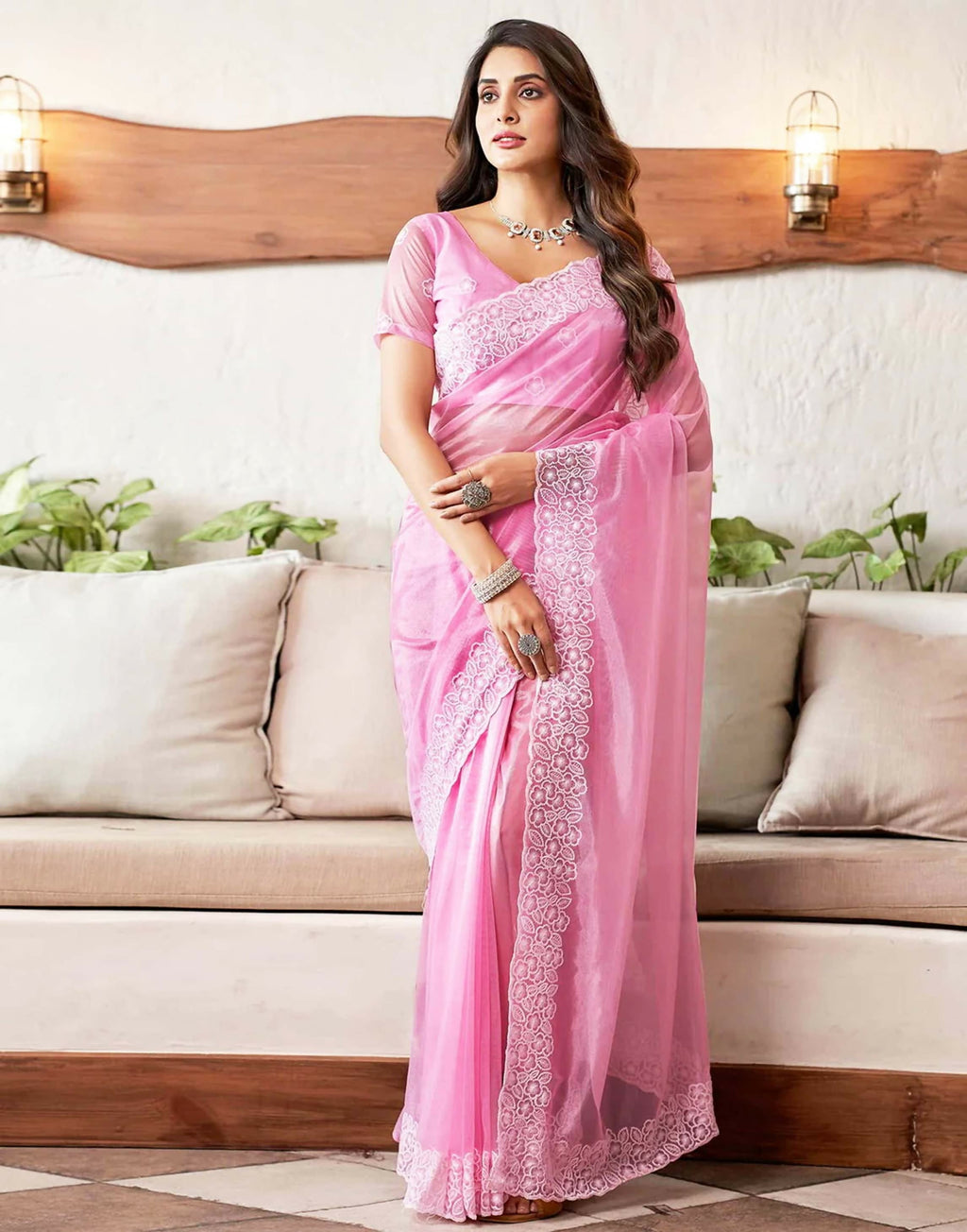 Joban Fashion Organza Pink & White Color Embroidery Saree | Grocsy