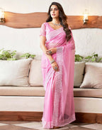 Joban Fashion Organza Pink & White Color Embroidery Saree | Grocsy
