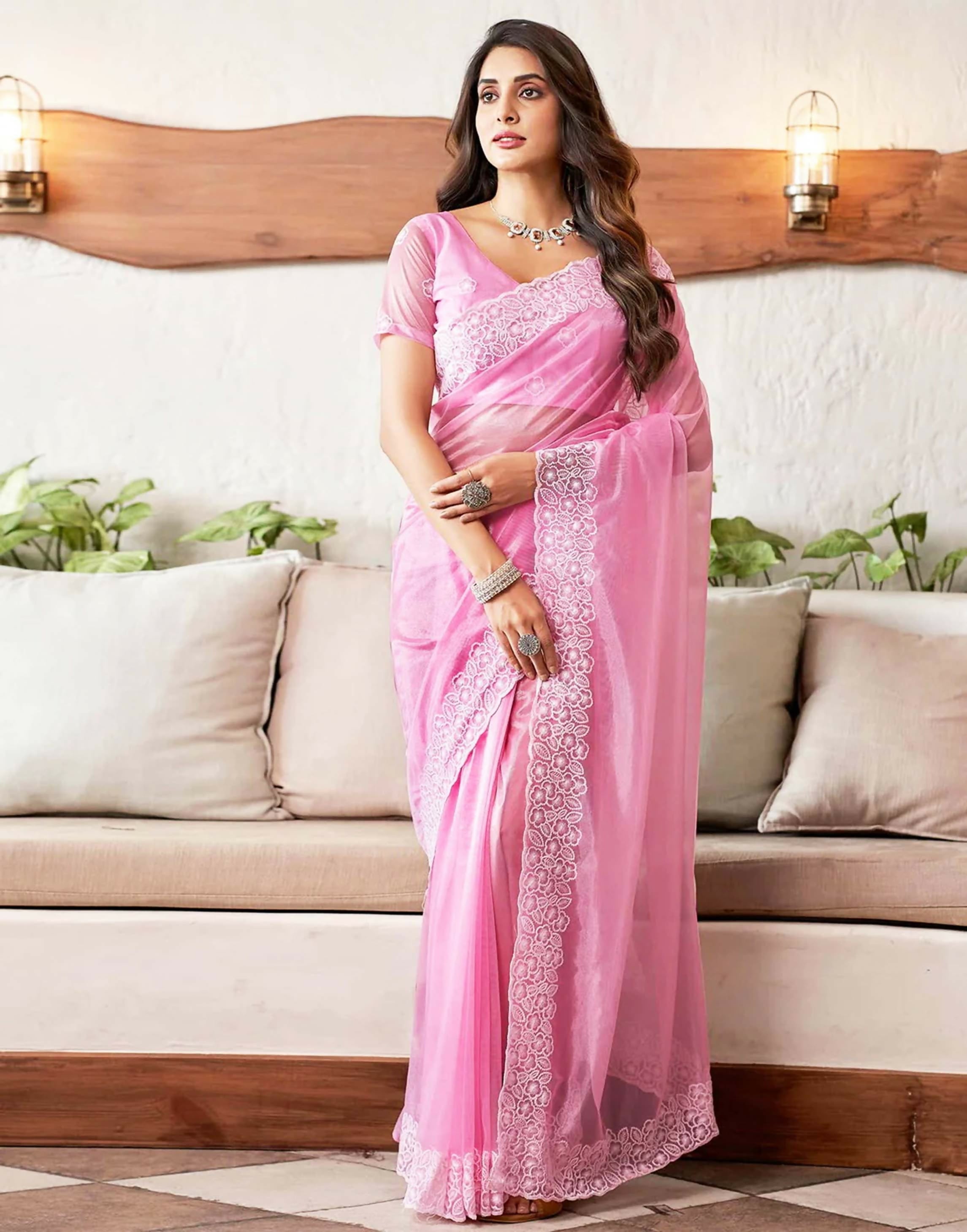 Joban Fashion Organza Pink & White Color Embroidery Saree | Grocsy