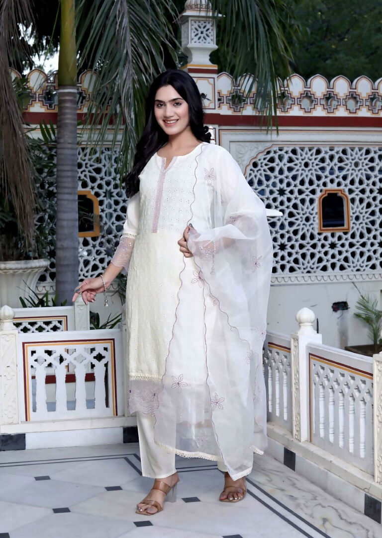 Miravan Women's Organza Cotton Chikankari Embroidered With Purple Sequence work Jaipuri Suit Set | Grocsy
