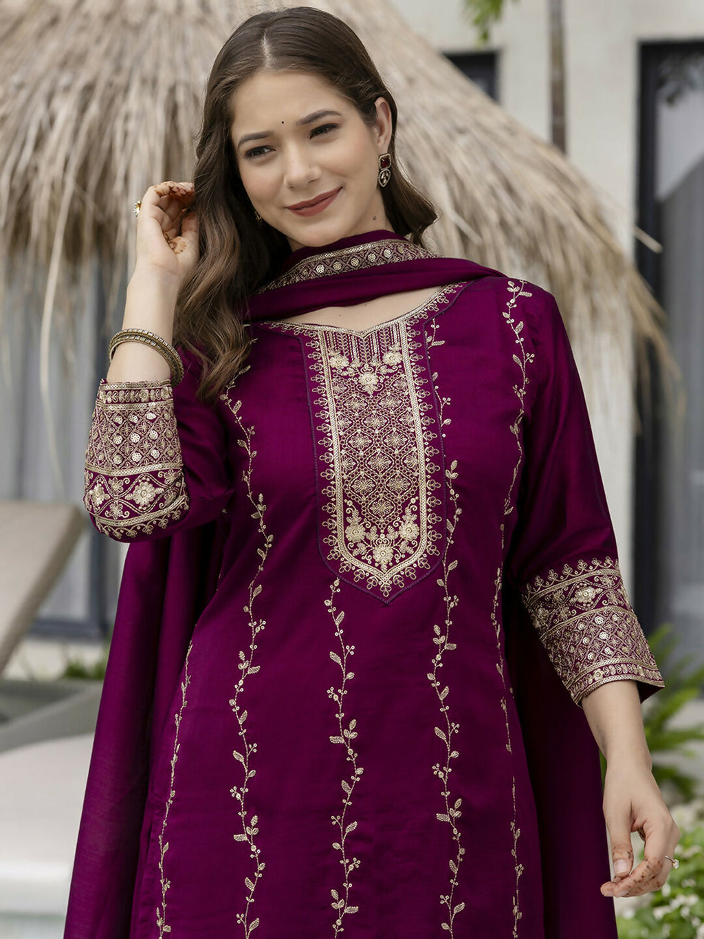 The52 Wine Beautiful Embroidered Vichitra Silk Fabric Straight Kurta, Palazzo and Dupatta Set | Grocsy