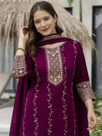 The52 Wine Beautiful Embroidered Vichitra Silk Fabric Straight Kurta, Palazzo and Dupatta Set | Grocsy