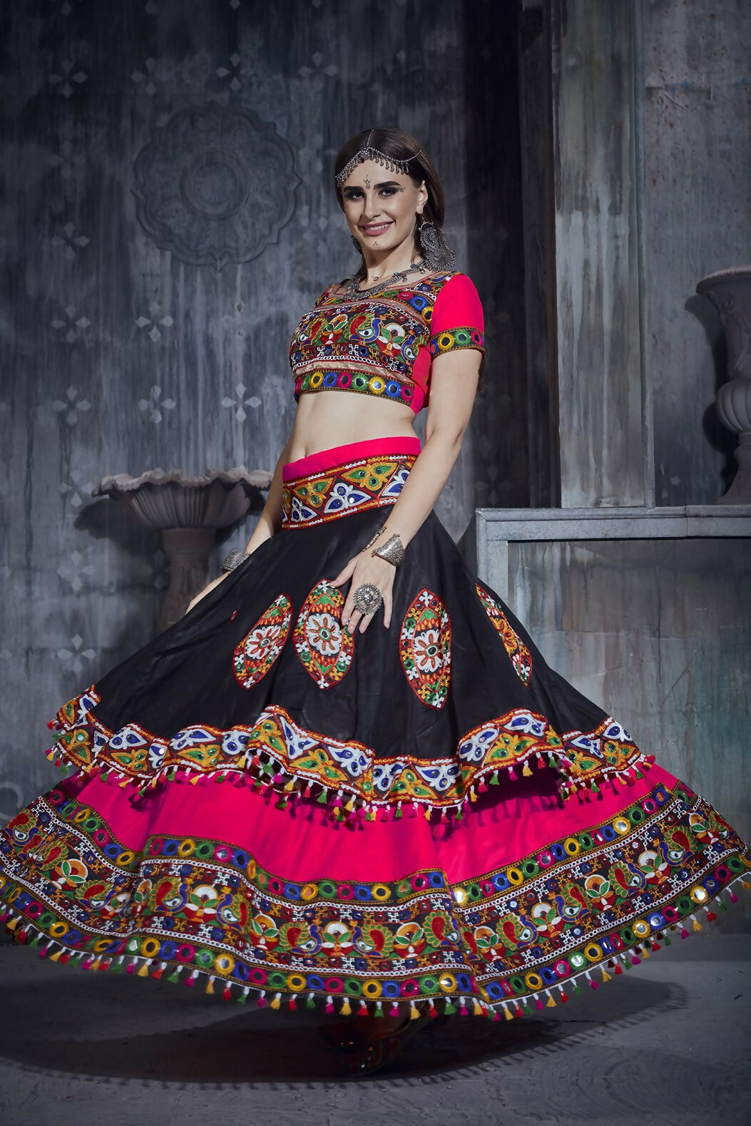 AI Fashion Black-Pink Art Silk Designer Navratri Lehenga Choli Collection | Grocsy