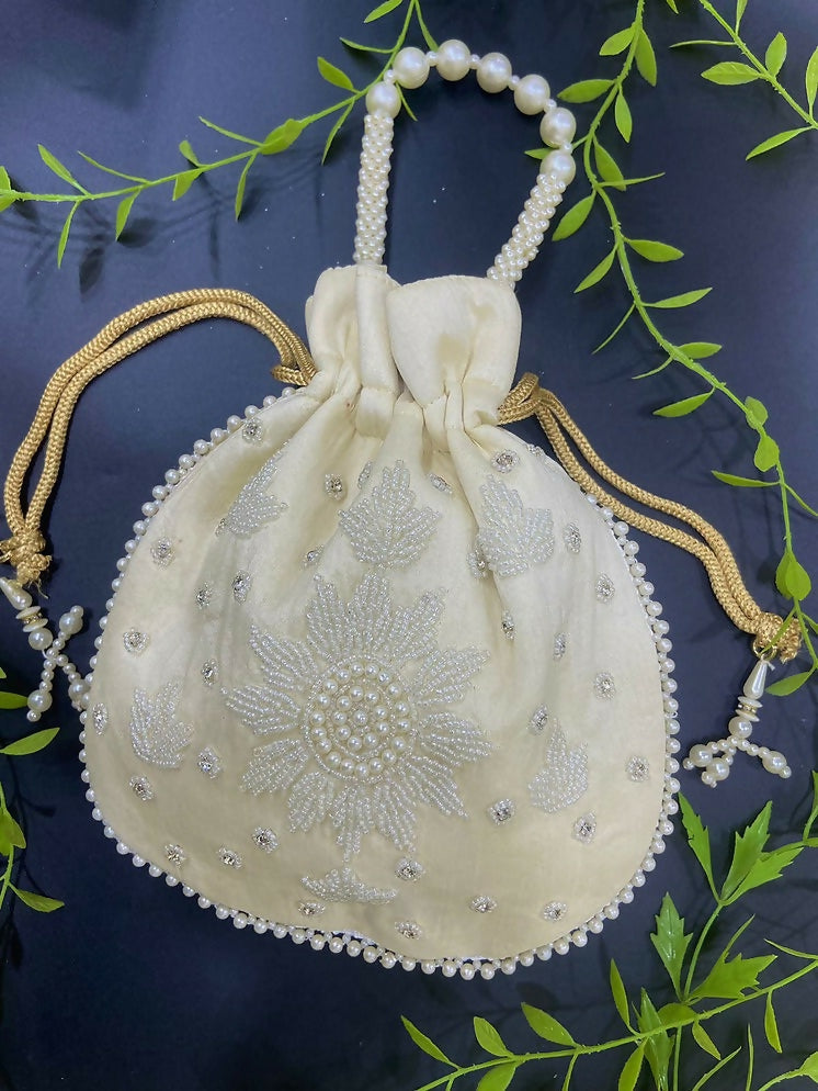 Joban Fashion Pearl Hand Work Potli Bag - Off White | Grocsy