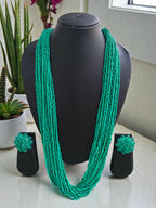 Inhanns Rangsaaz 20-Layer Luxe Long Beaded Necklace (With Optional Statement Earrings) - Sea Green With Earring | Grocsy