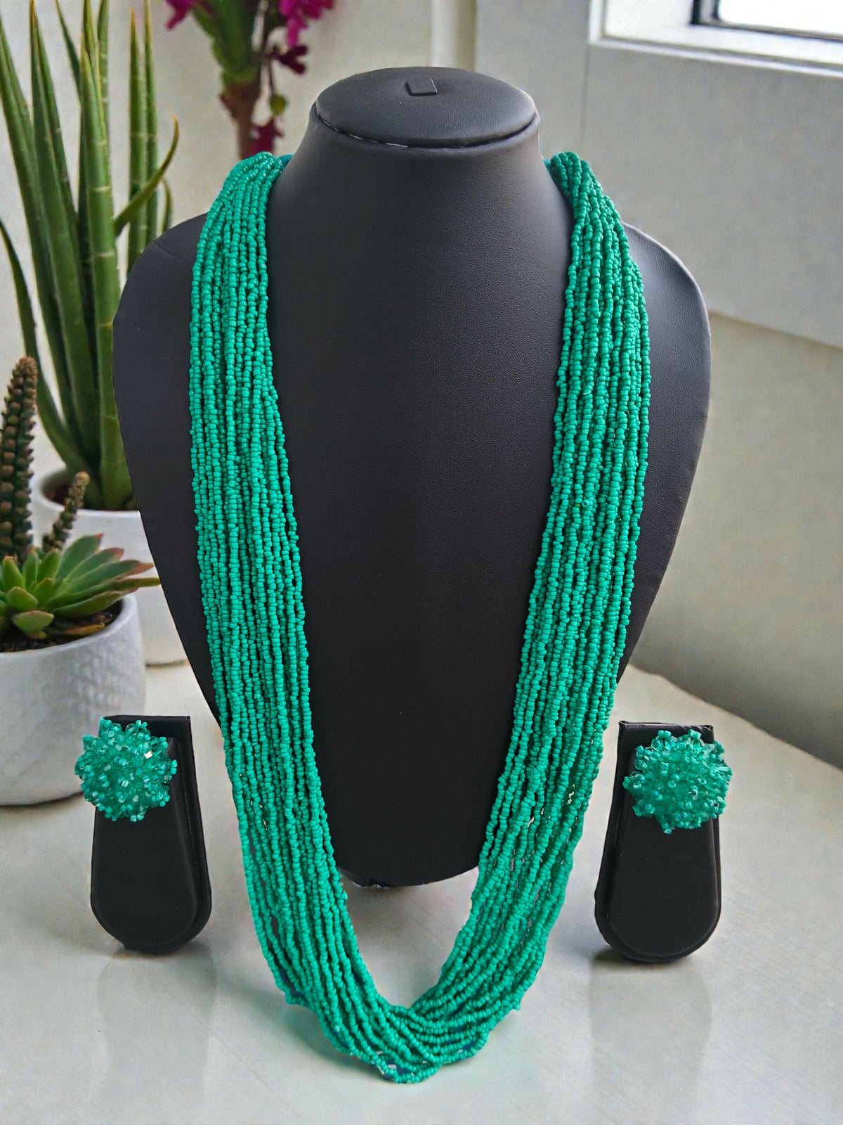 Inhanns Rangsaaz 20-Layer Luxe Long Beaded Necklace (With Optional Statement Earrings) - Sea Green With Earring | Grocsy