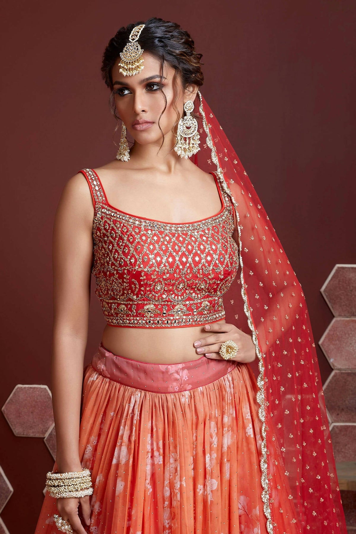 Wedding Designer Orange Tabby Silk Lehenga Choli - Anbazaar | Grocsy