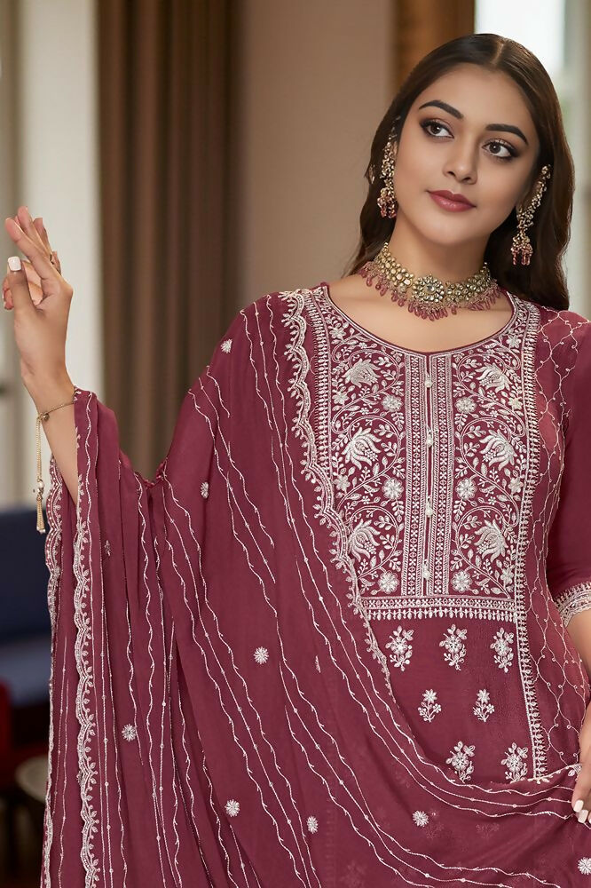 EthnicFestive Wear Premium Chinon Fabric Maroon Stitched Suit With Dupatta-Zeeya | Grocsy