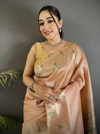 Joban Fashion Peach Peacock & Floral Motifs Tissue Paithani Saree | Grocsy
