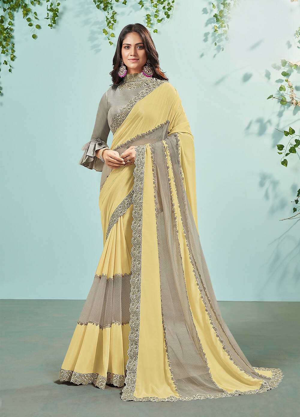 Yellow & Grey Silk Glitter Georgette Texture Saree With Unstitched Blouse Piece - Norita Ikshita | Grocsy