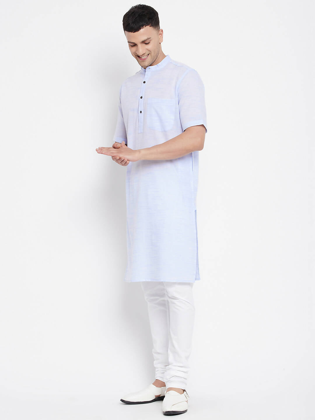 Even Apparels Blue Color Pure Cotton With Band Collar Men's H/S Kurta | Grocsy