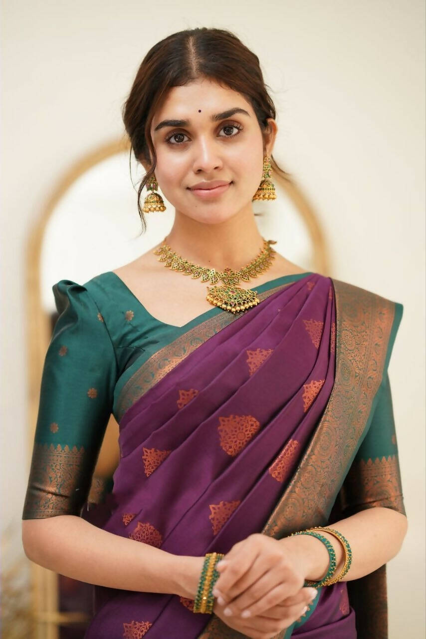DEIANA'S Beautiful Designer Golden zari Soft Lichi Silk Saree - Purple | Grocsy