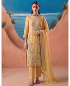 KC Heavy Chiffon Silk Yellow Hand Embroidered Straight Suit For Women Wedding | Grocsy