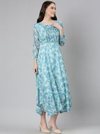 Souchii Blue Floral Chiffon Maxi Dress | Grocsy