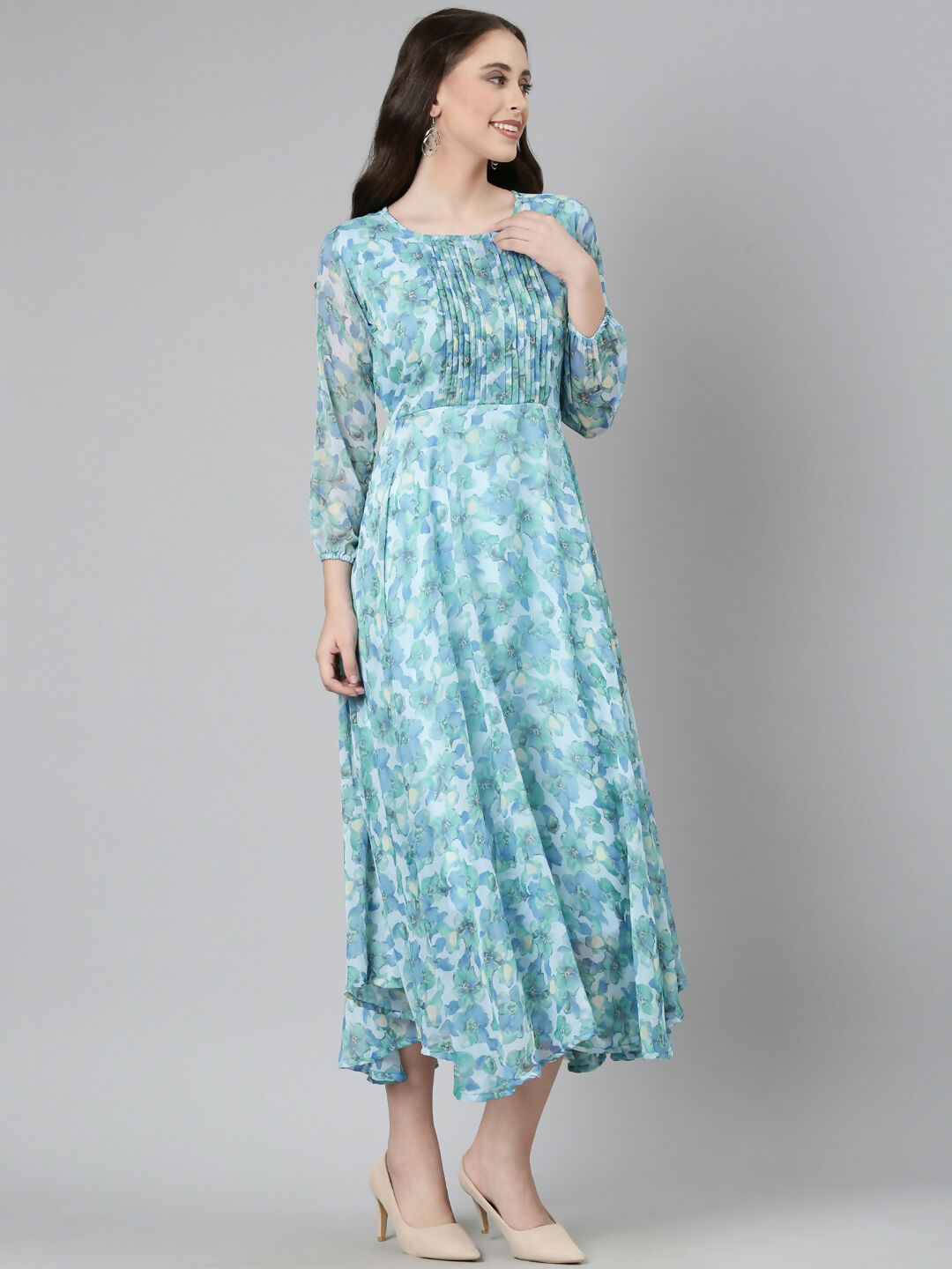 Souchii Blue Floral Chiffon Maxi Dress | Grocsy