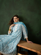 Blue Crystal Organza schiffli embroidery Kurta With Trouser & Dupatta - Bhumi | Grocsy